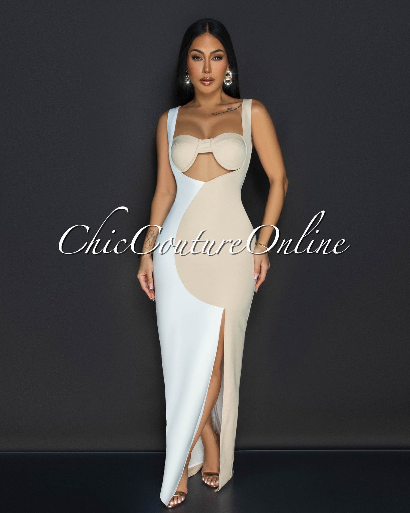 *Rosina Nude White Sleeveless Cut Out Maxi Dress
