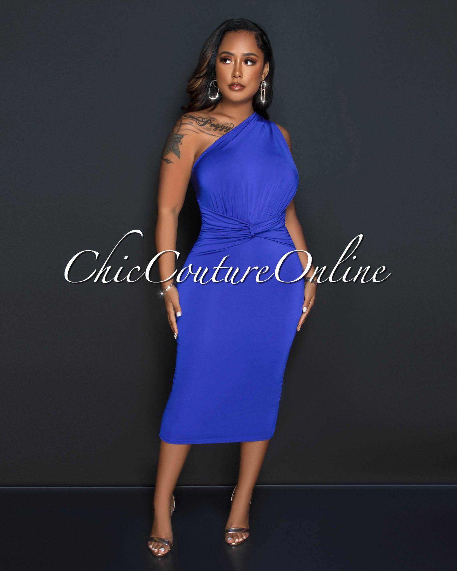 *Idris Royal Blue Single Shoulder Front Knot Midi Dress