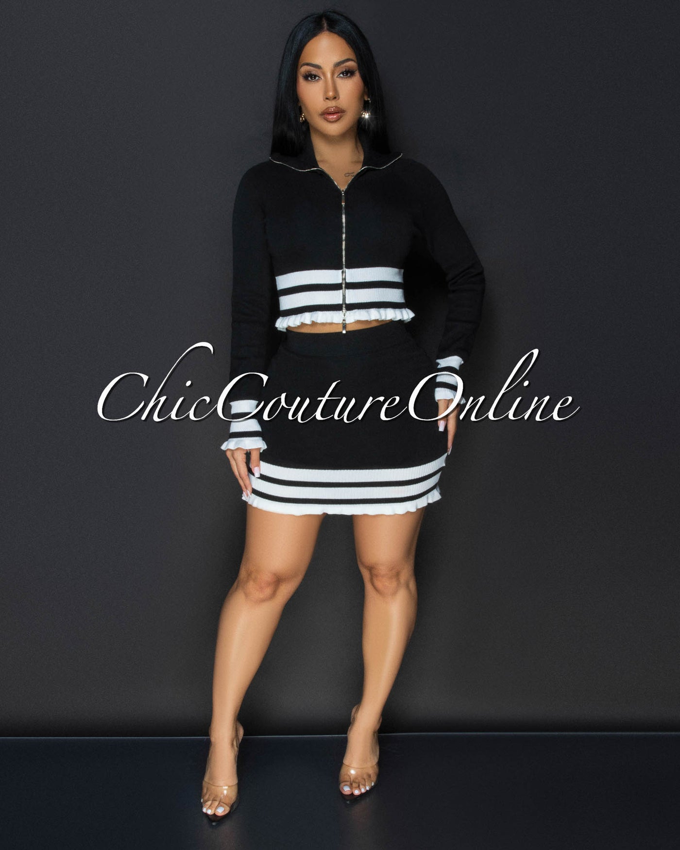 Dakota Black White Stripes Accent Top & Skirt Set