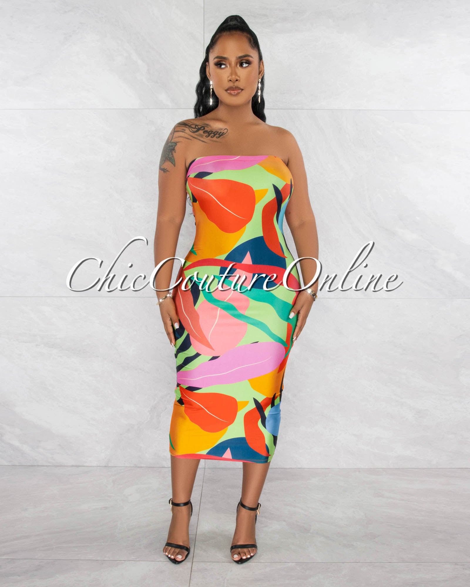 *Cartagena Green Multi-Color Print Tube Midi Dress