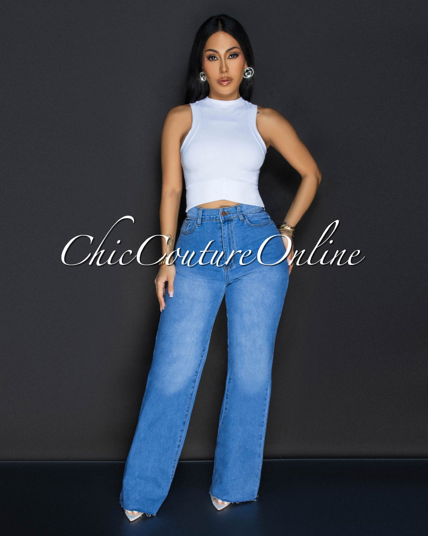 Olessia Medium Blue Denim Wide Legs Jeans