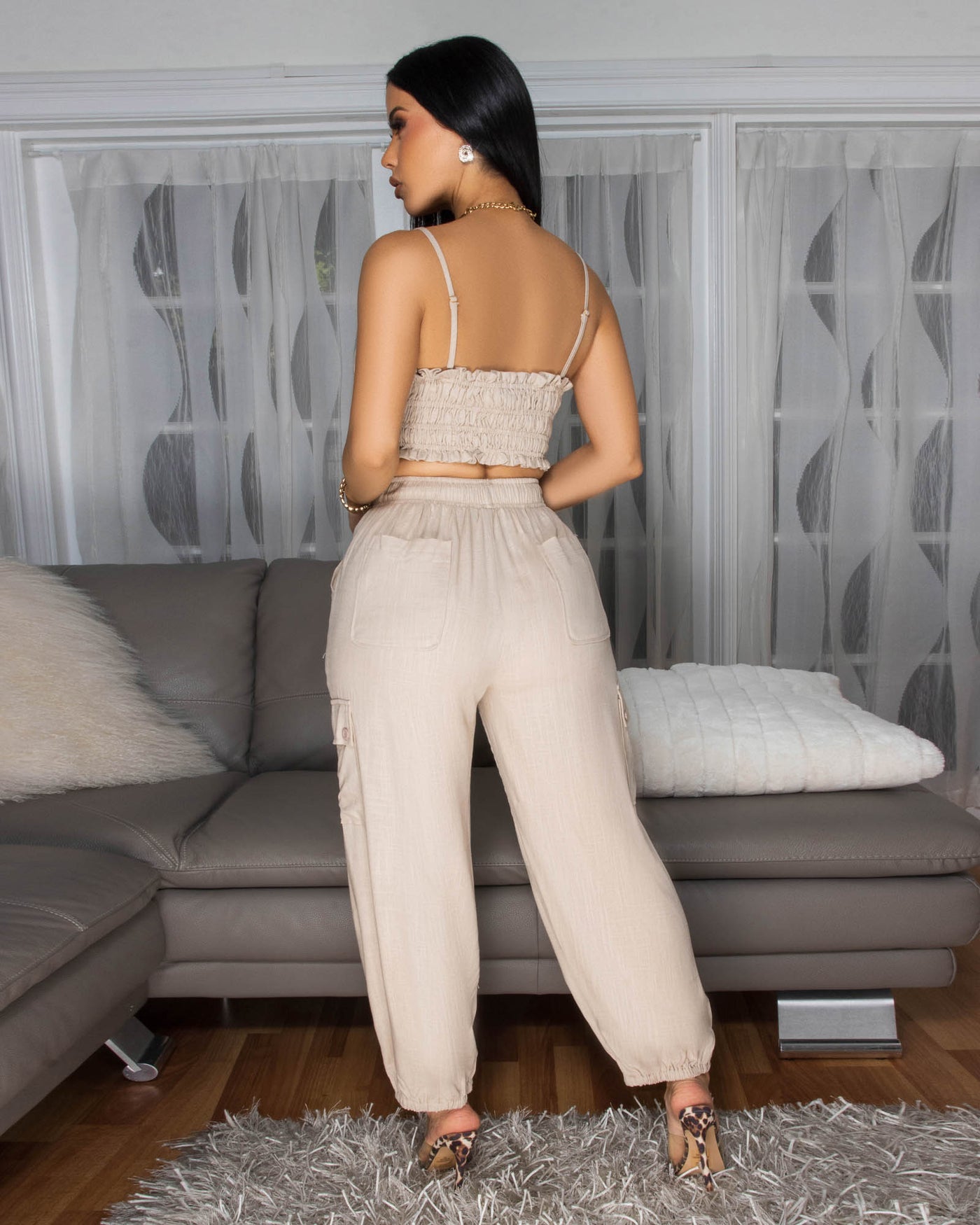 Moya Nude Crop Top & Jogger Linen Pants Set