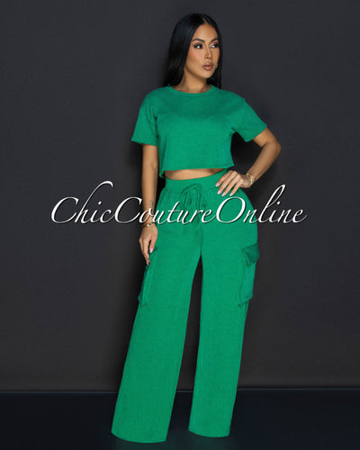Myna Kelly-Green Ribbed Crop Top & Cargo Pants Set