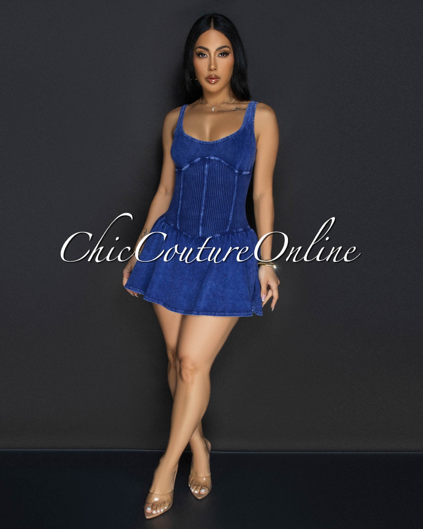 Plara Blue Distressed Ribbed Skort Dress