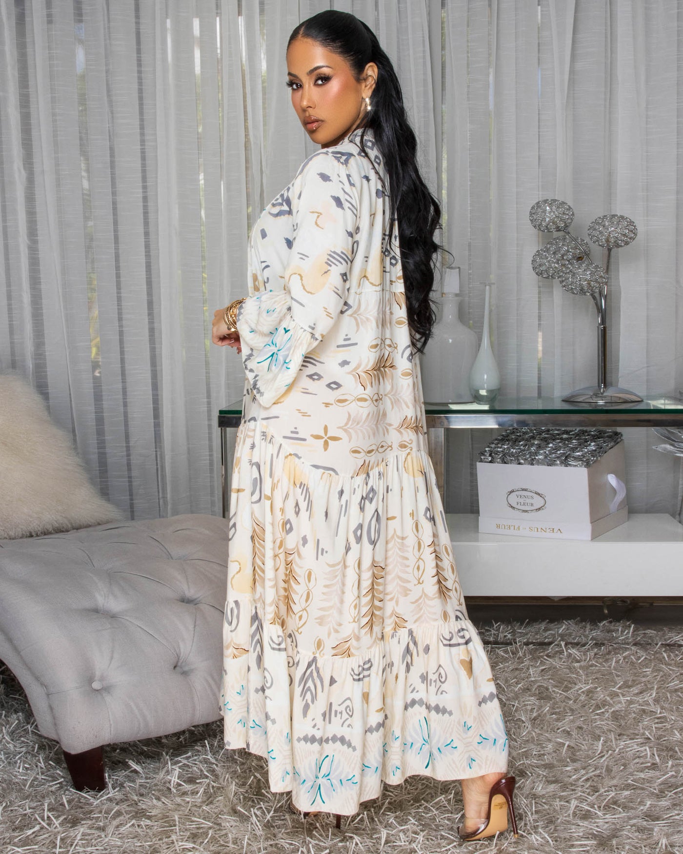 Emmie Cream Grey Multi-Color Maxi Dress