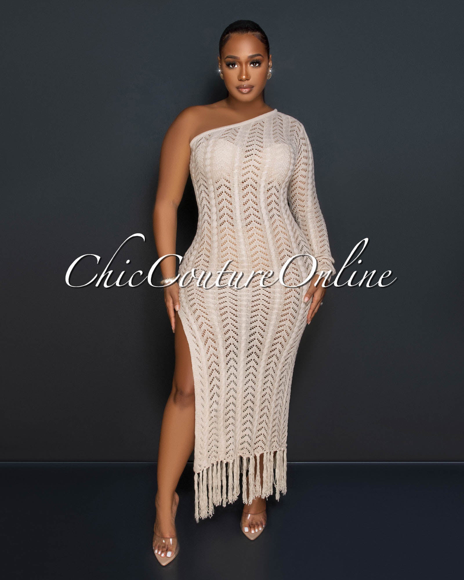 *Hilda Nude Crochet Single Shoulder Fringe Hem Maxi Dress