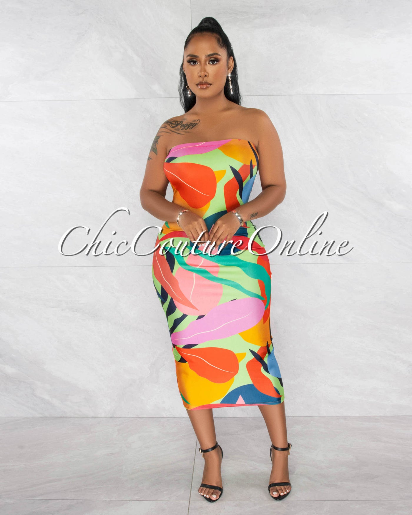 Cartagena Green Multi-Color Print Tube Midi Dress