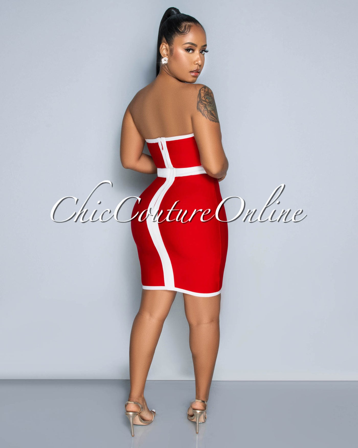 Randie Red White Bow Accent Bandage Dress