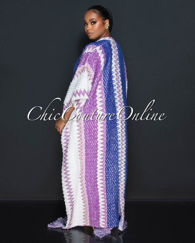 Parsie White Blue Lilac Tassels  Kimono Knit Cardigan