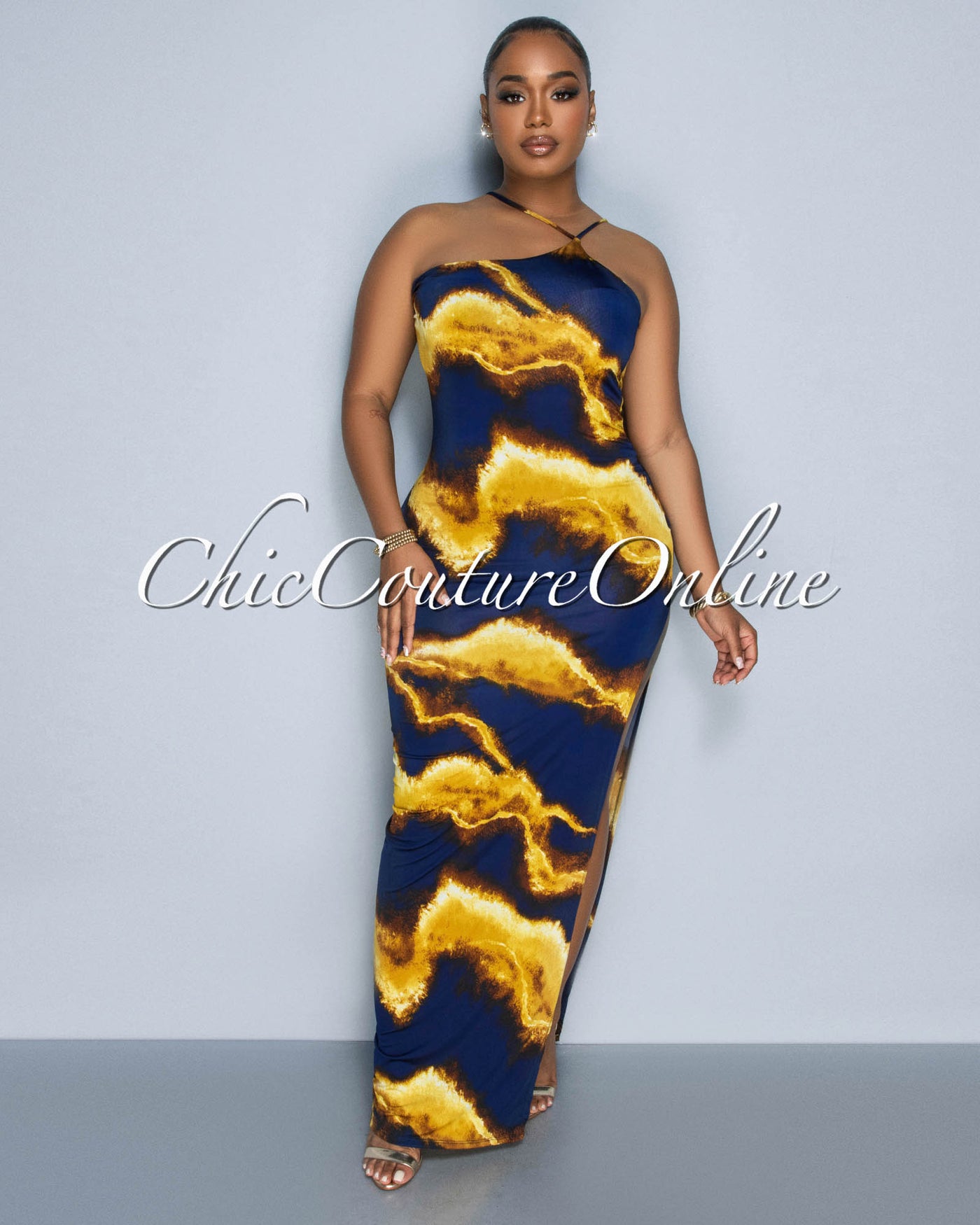 Batista Navy Blue Mustard Print Halter Maxi Dress