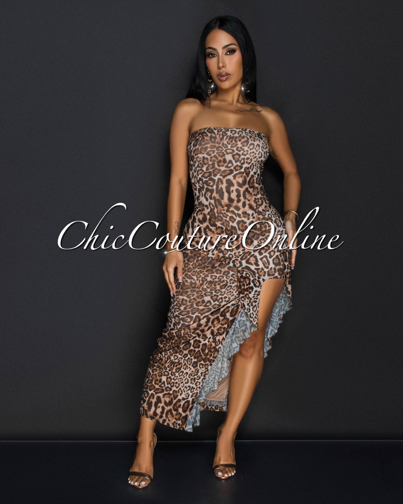 Boba Leopard Mesh Strapless Midi Dress