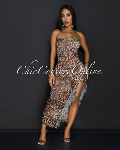 Boba Leopard Mesh Strapless Midi Dress