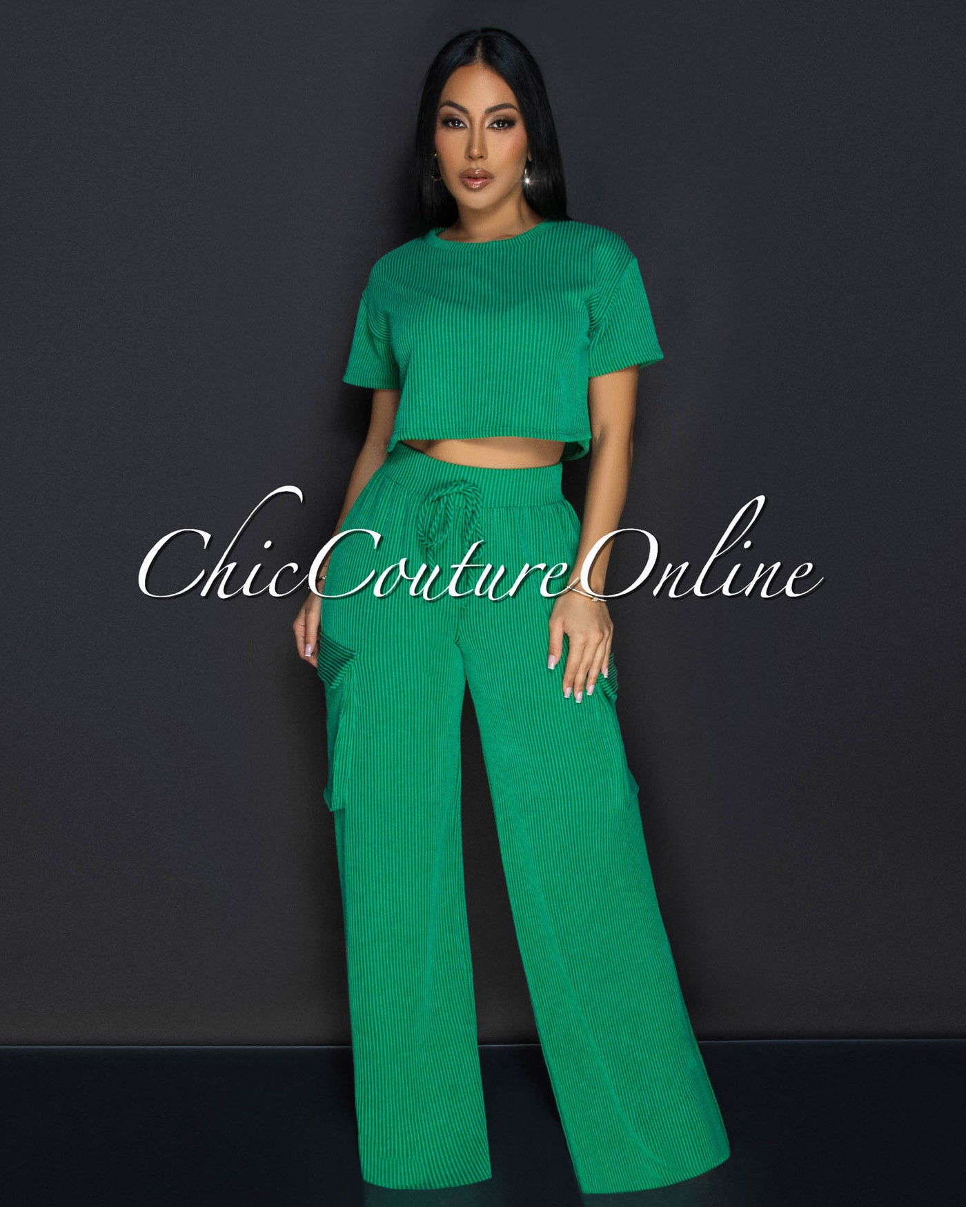 Myna Kelly-Green Ribbed Crop Top & Cargo Pants Set