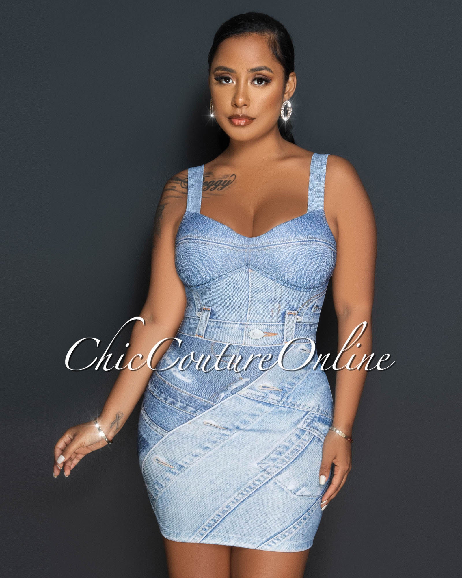 *Renalda Denim Print Padded Cups Mini Dress
