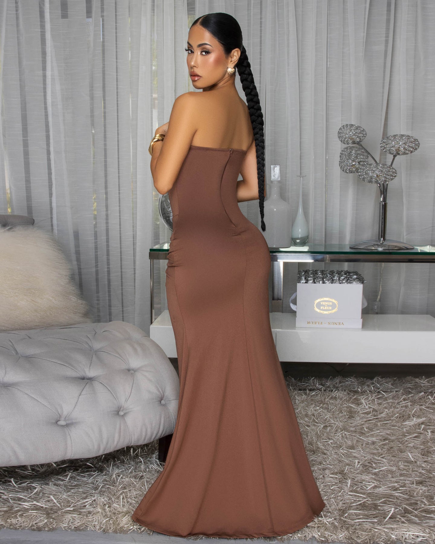 Beverly Mocha Strapless Leg Slit Maxi Dress
