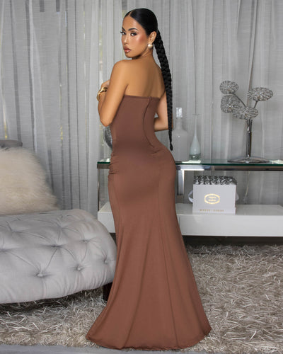Beverly Mocha Strapless Leg Slit Maxi Dress