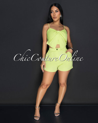 Pluma Lime Flower Spaghetti Strap Crop Top & Shorts Set