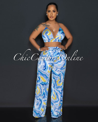 Drya Blue Yellow Print Crop Top & Wide Leg Pants Silky Set