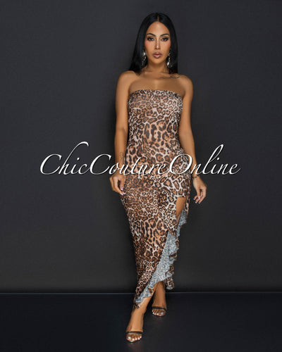 Boba Leopard Mesh Strapless Midi Dress