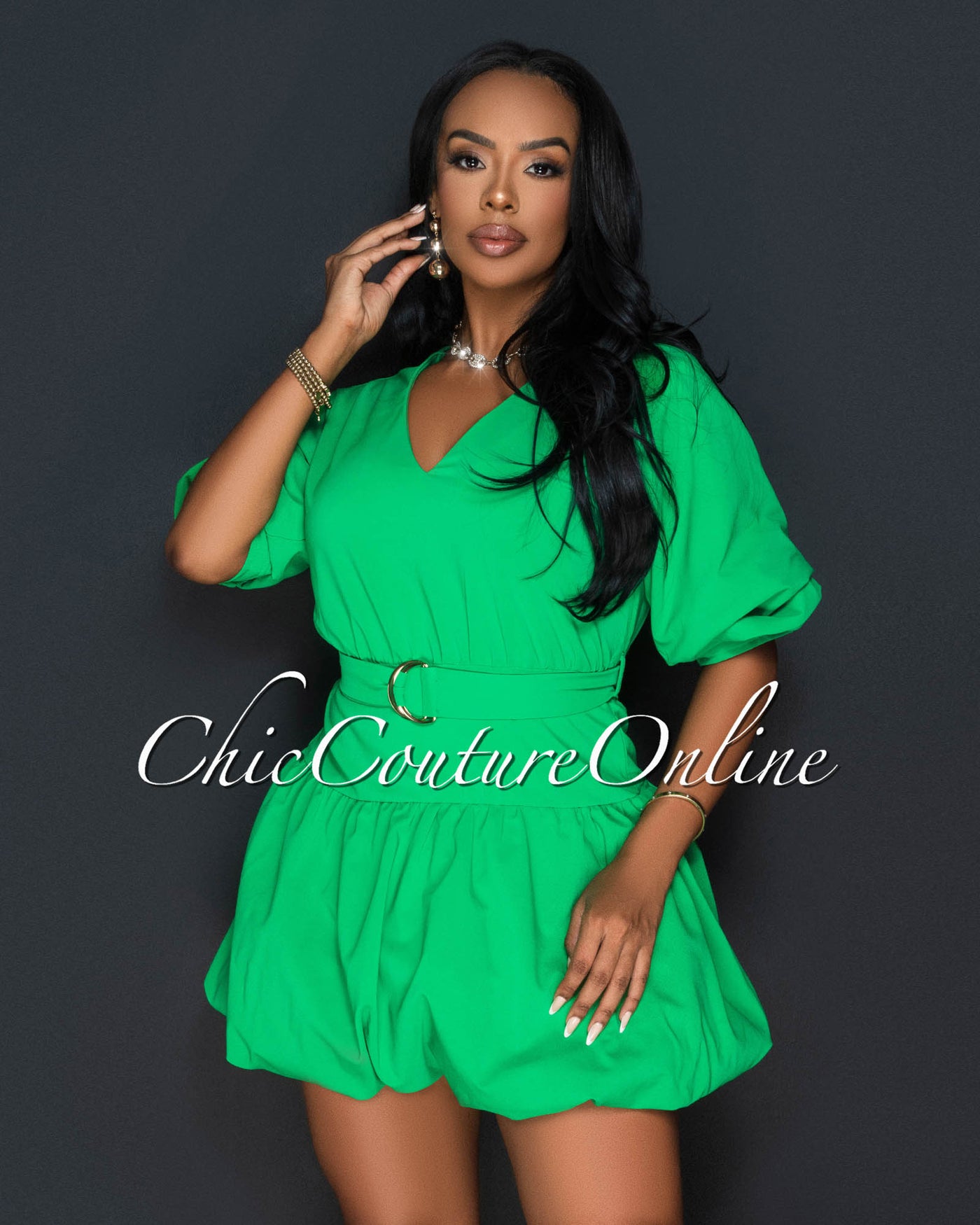 Dessa Green Bubble Sleeves Dress