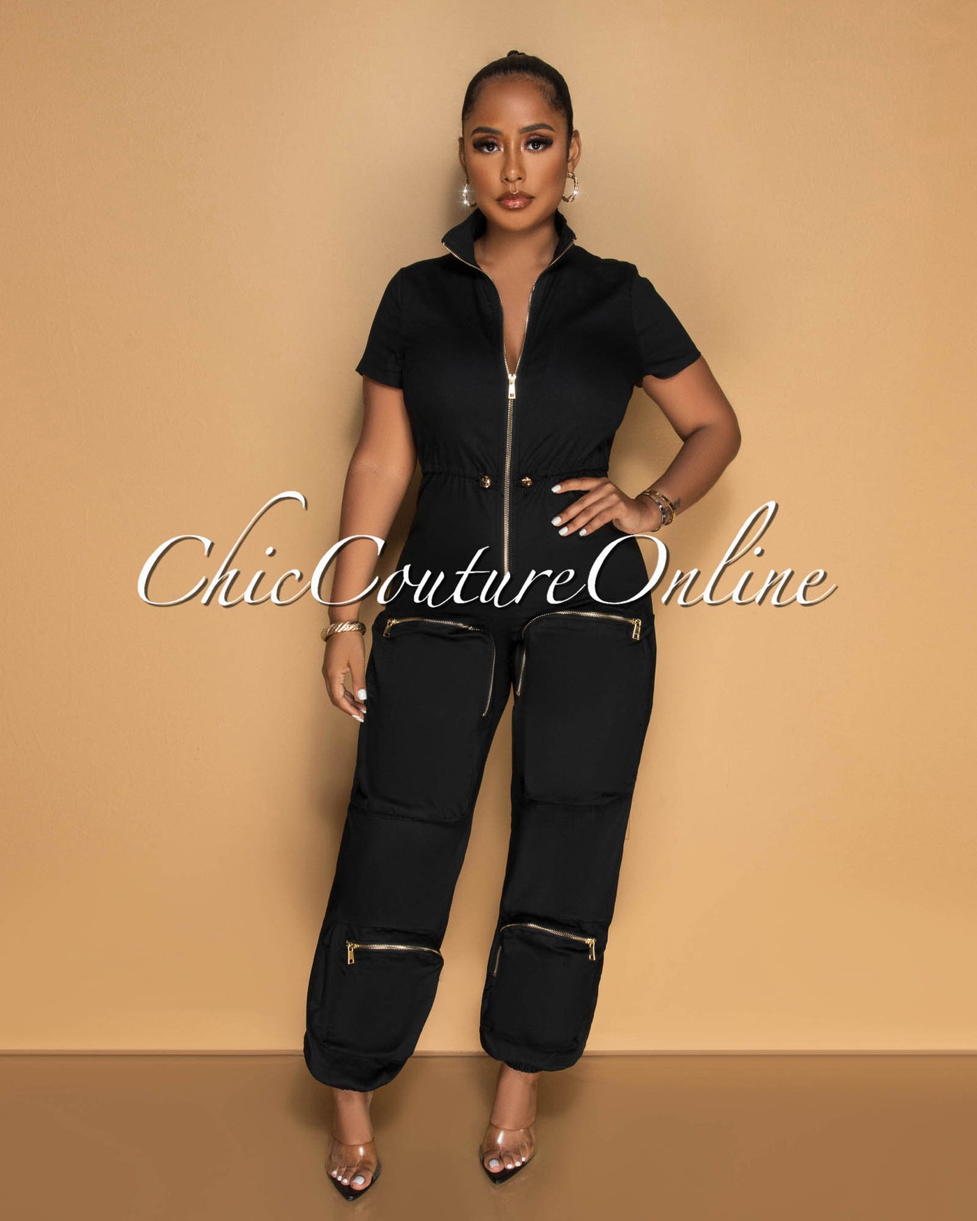 Morcan Black Cargo Pockets Jogger Jumpsuit