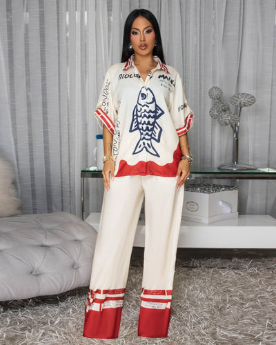 Miami Ivory Rust Multi-Color Print Linen Shirt & Pants Set