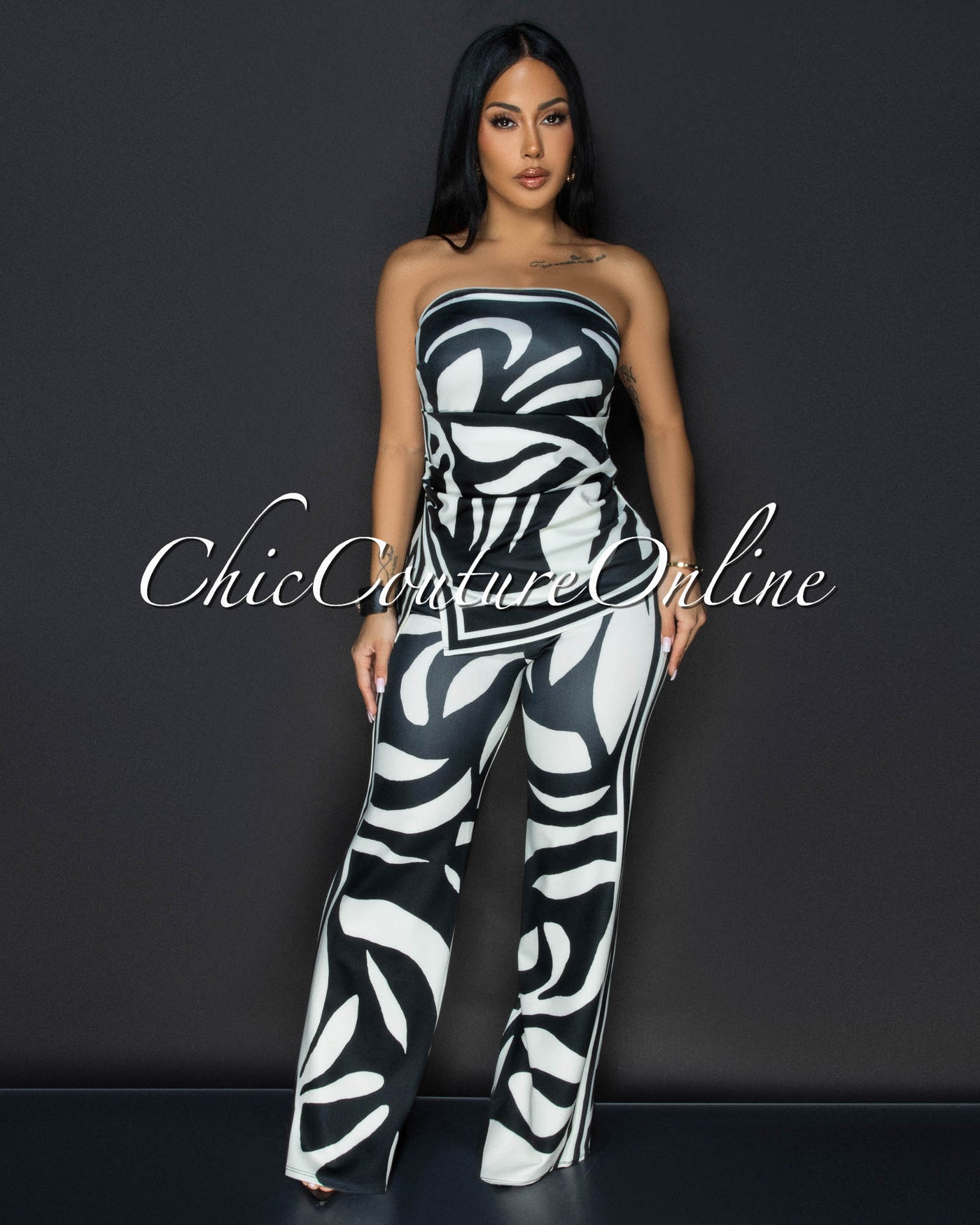 Jenelle Black Cream Print Top & Pants Set