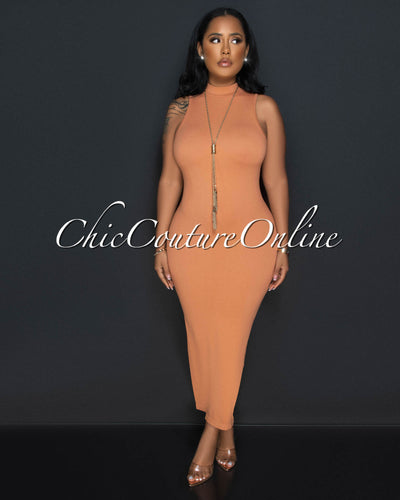 Faustina Toffee Mock Neckline Body-Con Maxi Dress