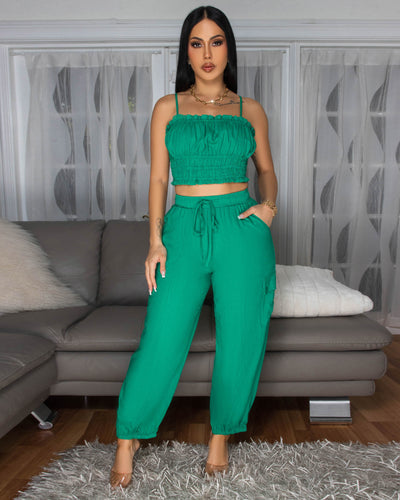 Moya Forest Green Crop Top & Jogger Linen Pants Set