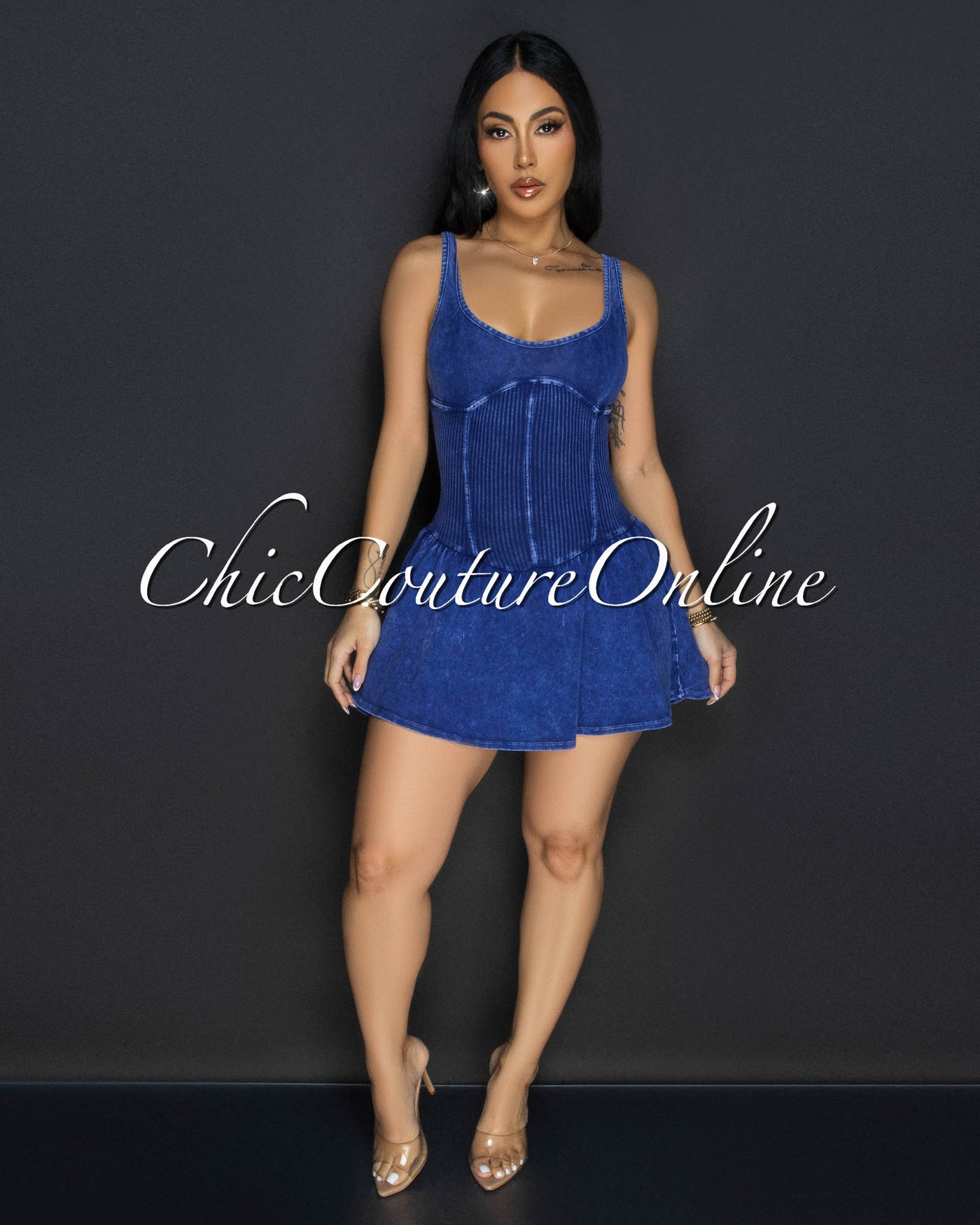 Plara Blue Distressed Ribbed Skort Dress