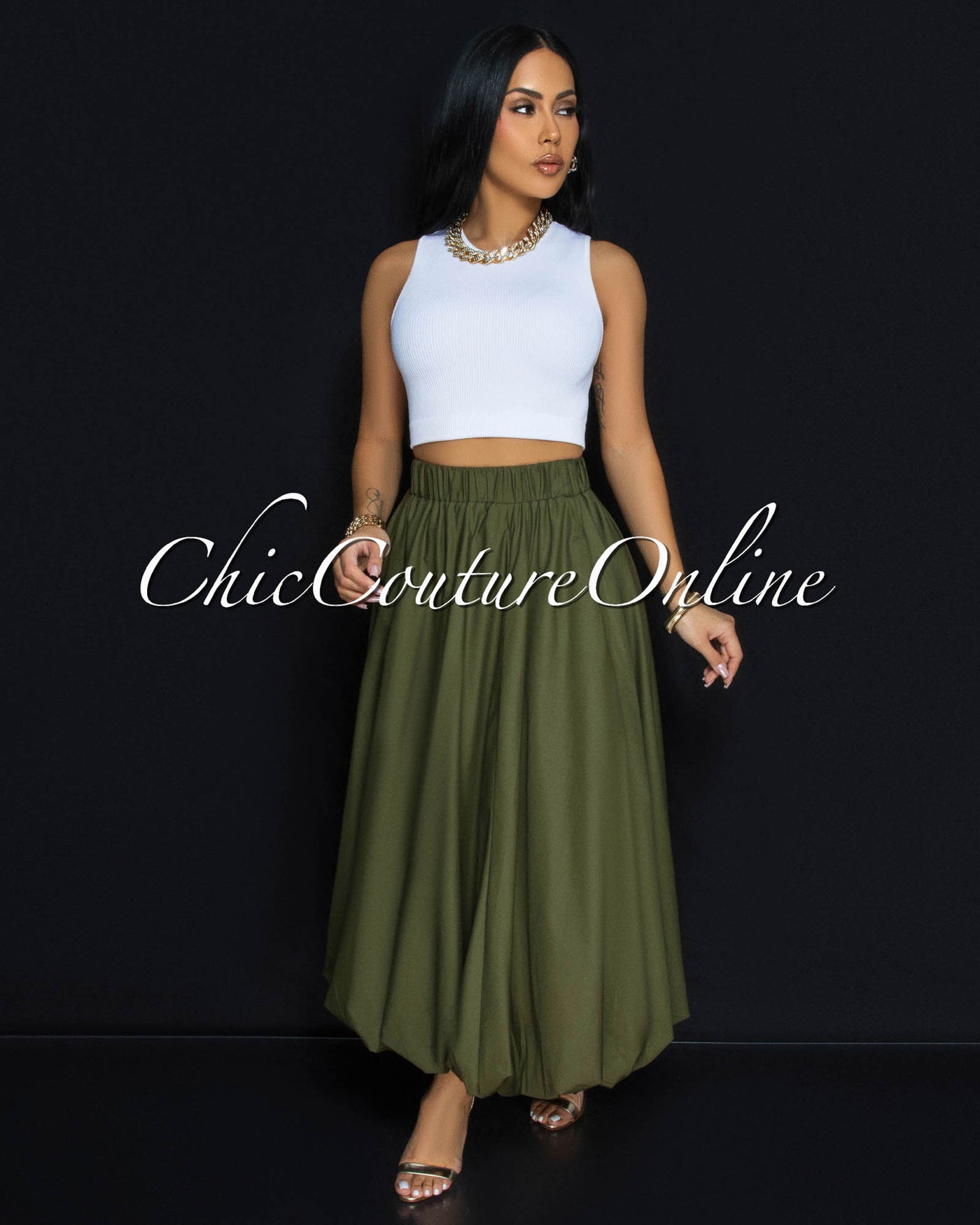 Vienna Olive Green Midi Bubble Cargo Skirt