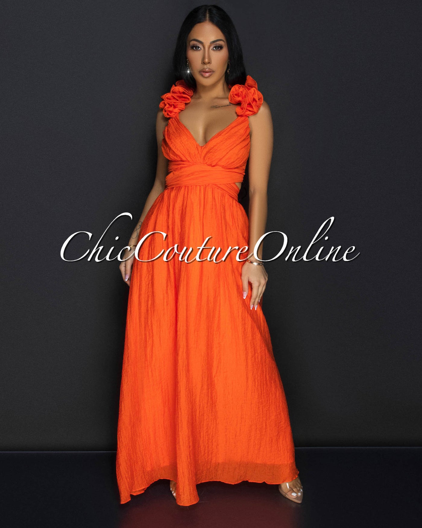 Cianna Orange Ruffle Lace-Up Back Maxi Dress