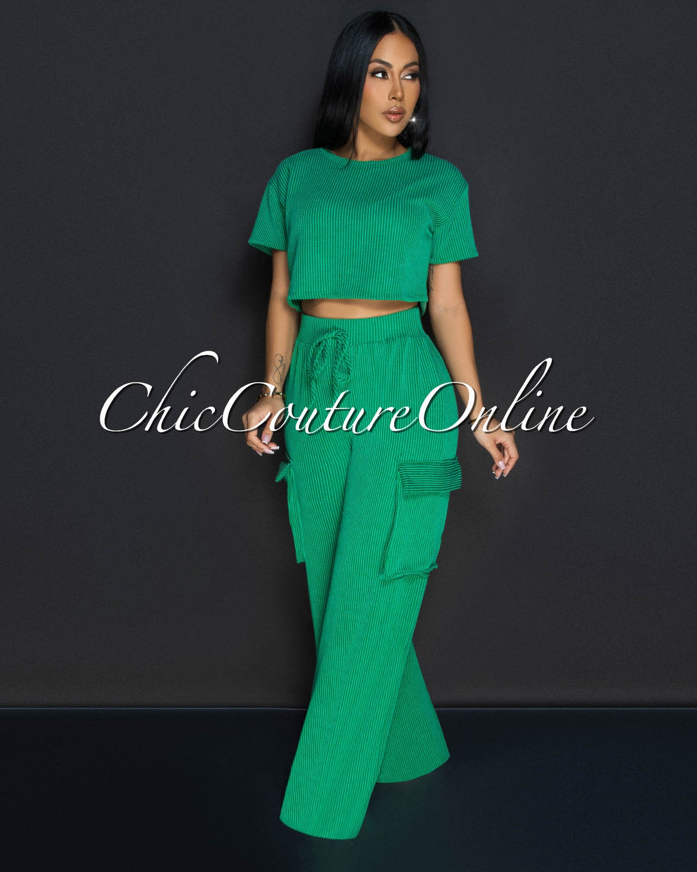 Myna Kelly-Green Ribbed Crop Top & Cargo Pants Set