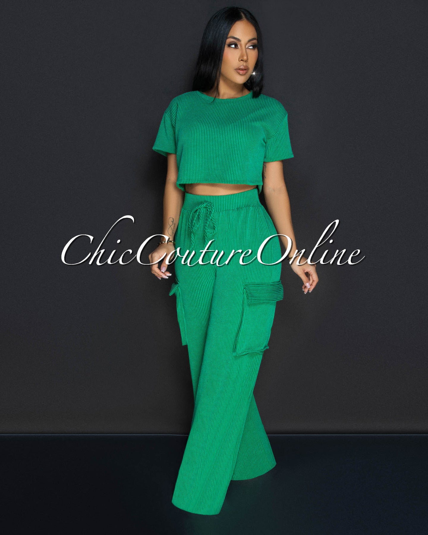 Myna Kelly-Green Ribbed Crop Top & Cargo Pants Set