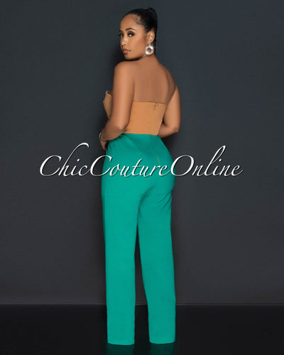 Dalina Green Nude Two-Tone Strapless Jumpsuit
