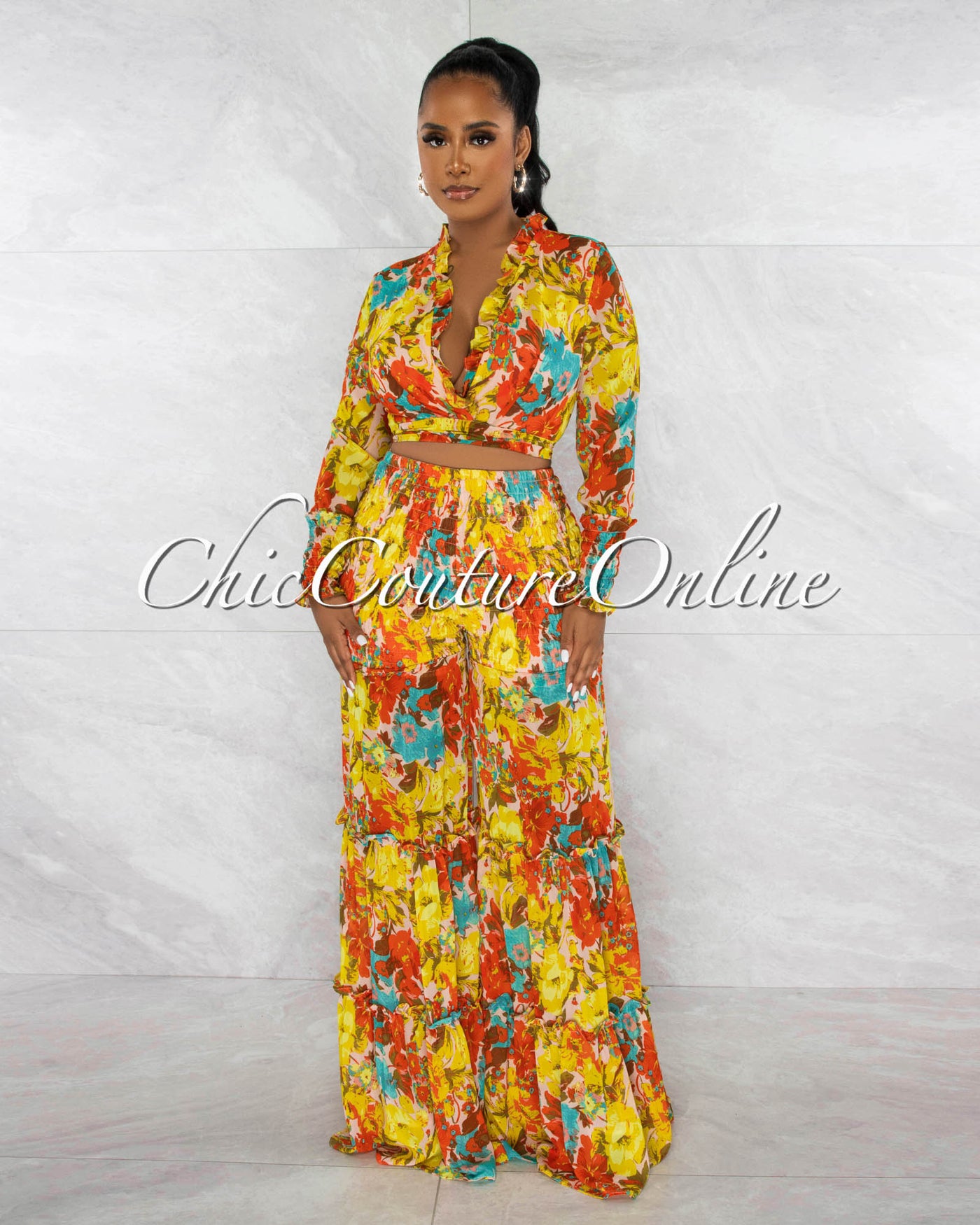 Maliah Orange Lime Print Front Tie Top & Wide Pants Set