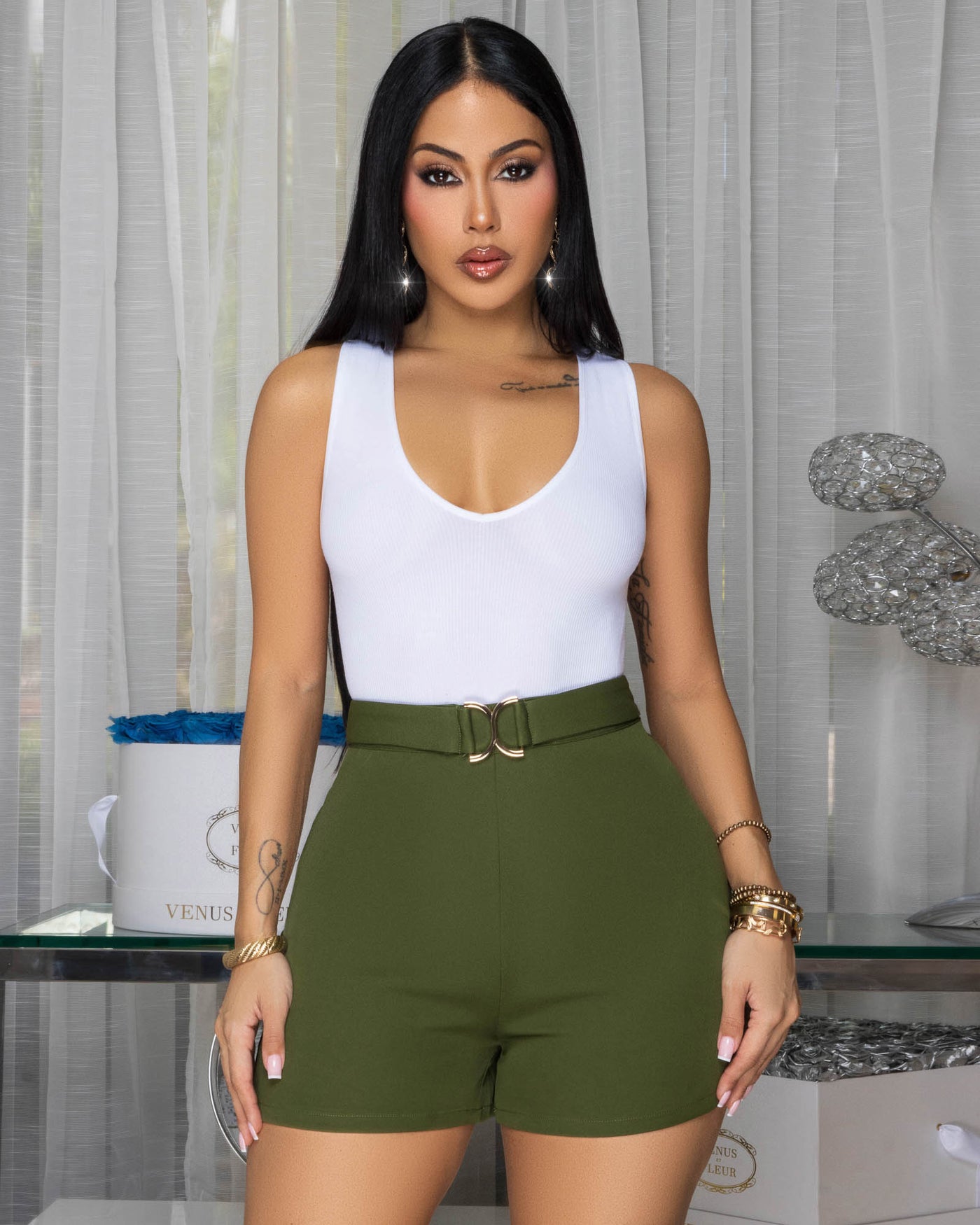 Tavira Olive Green Gold Buckle Shorts