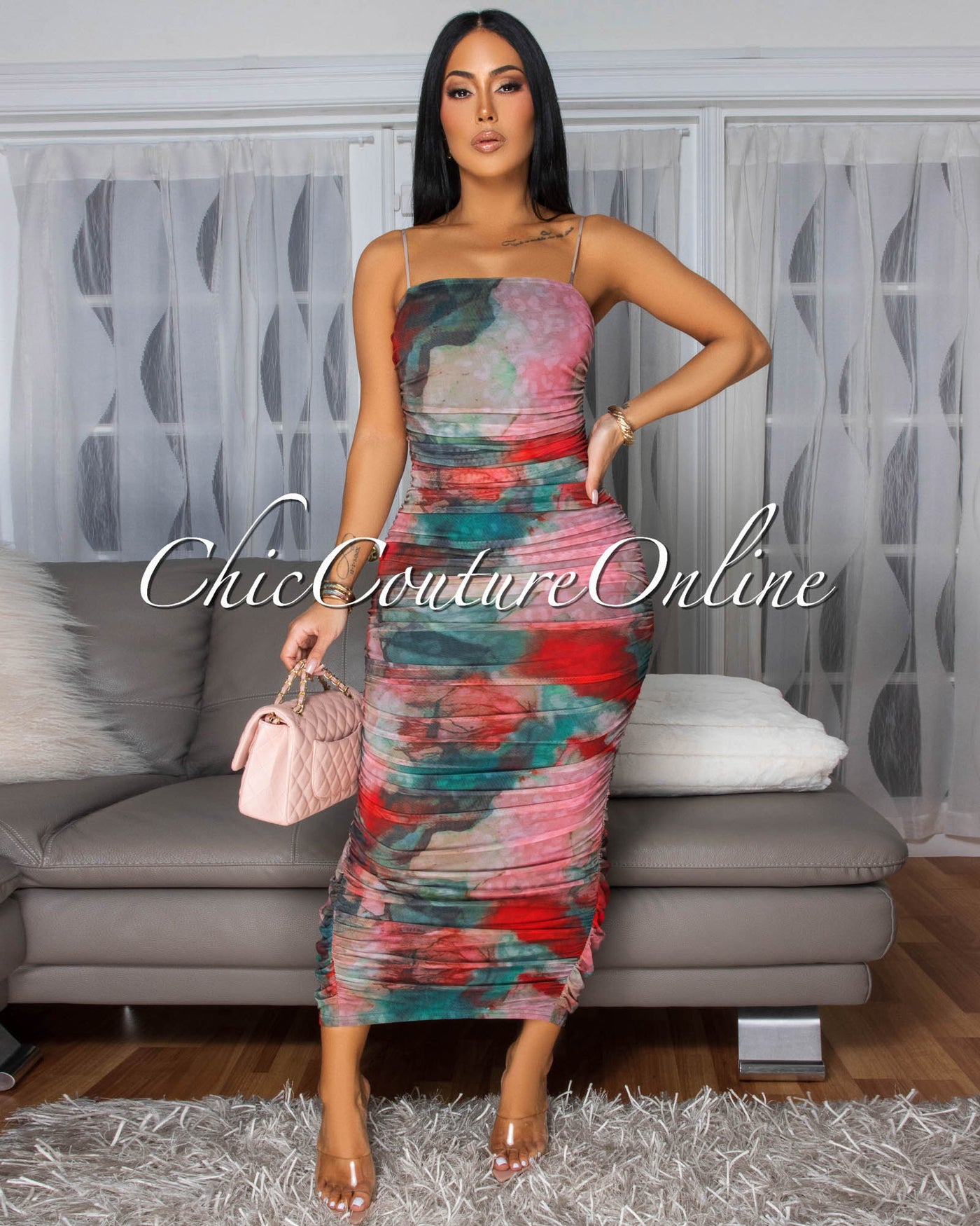 Murielle Rose Multi-Color Print Ruched Midi Dress