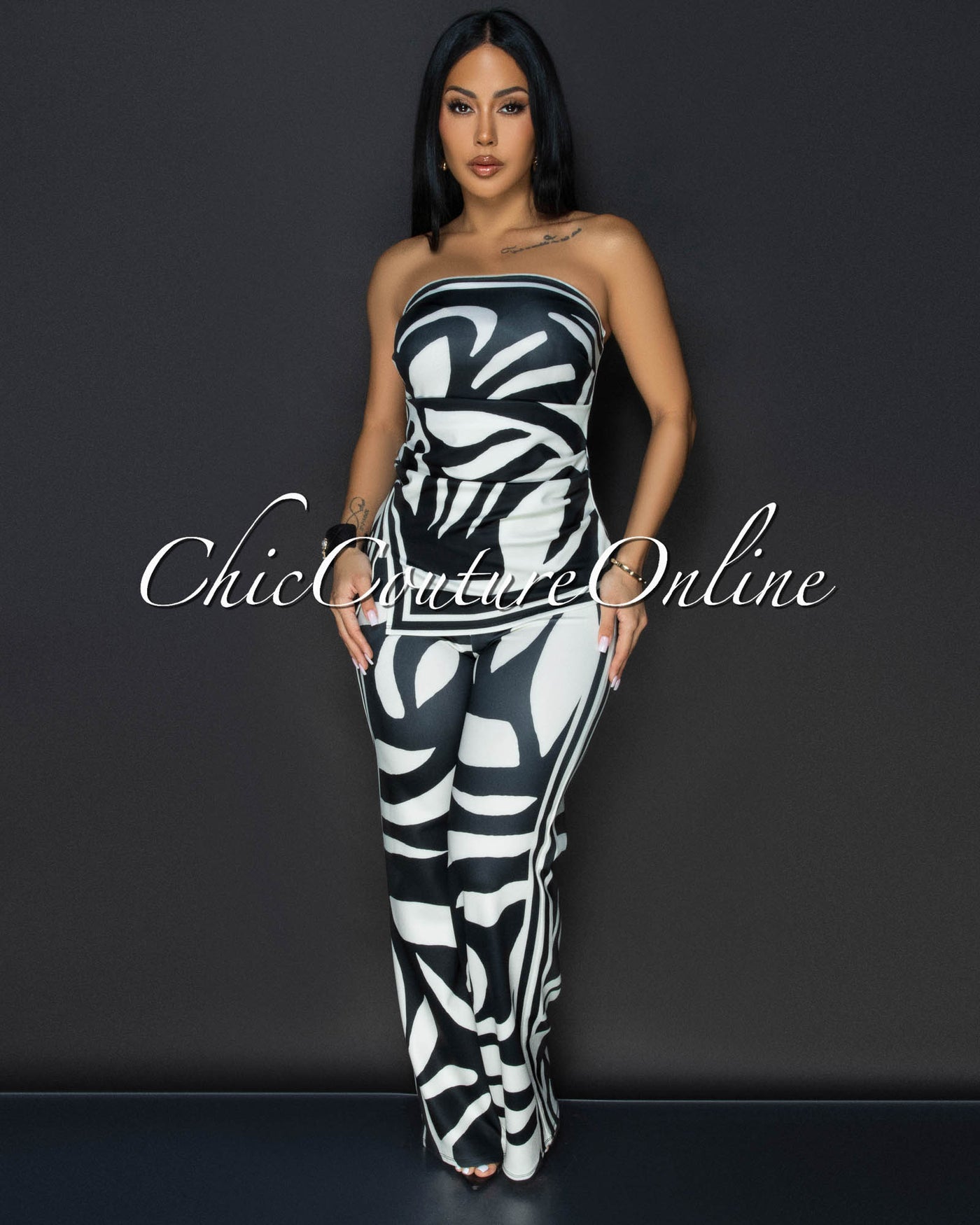 Jenelle Black Cream Print Top & Pants Set