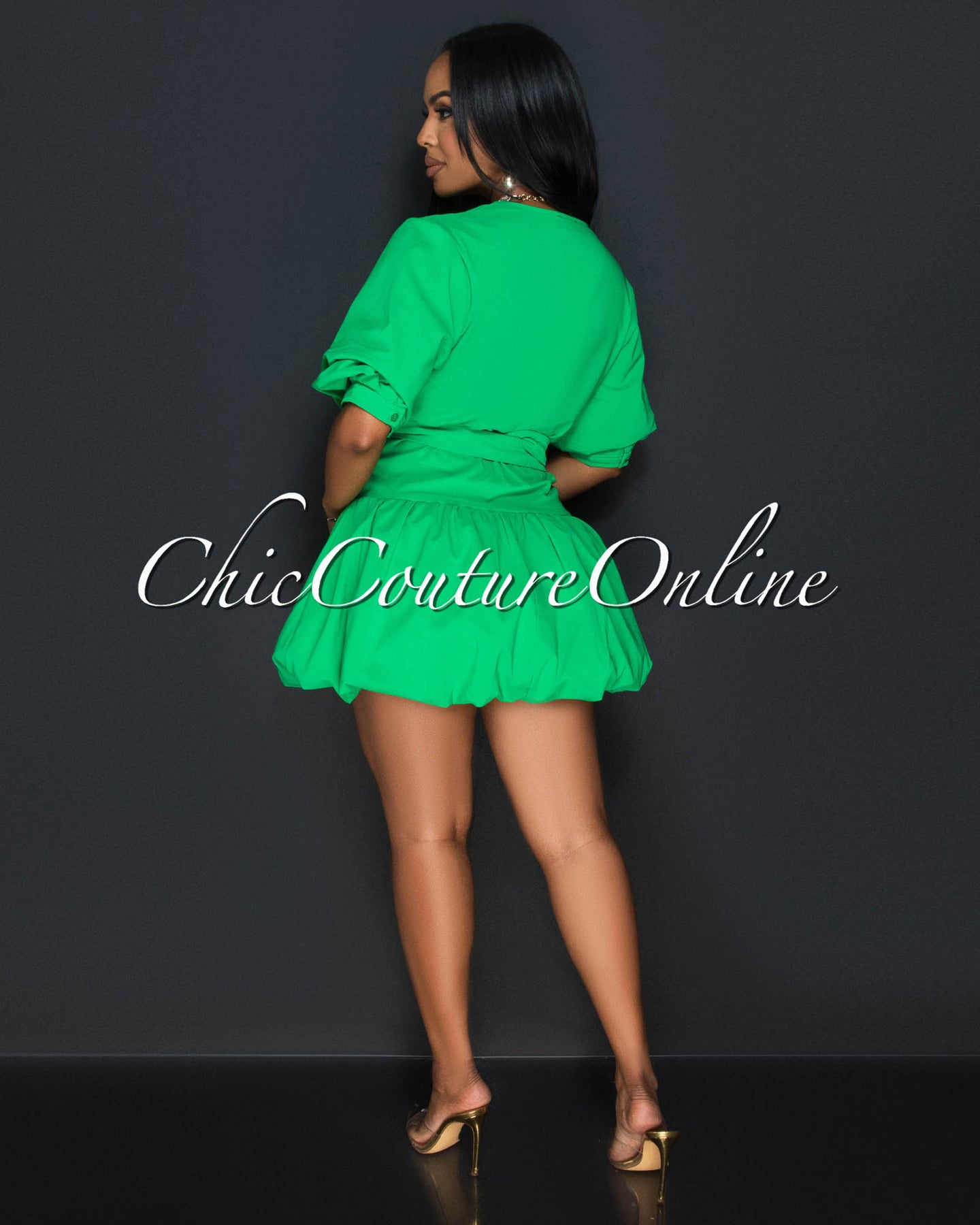 *Dessa Green Bubble Sleeves Dress