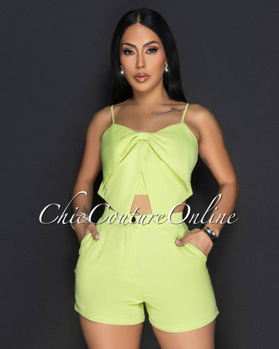 Pluma Lime Flower Spaghetti Strap Crop Top & Shorts Set