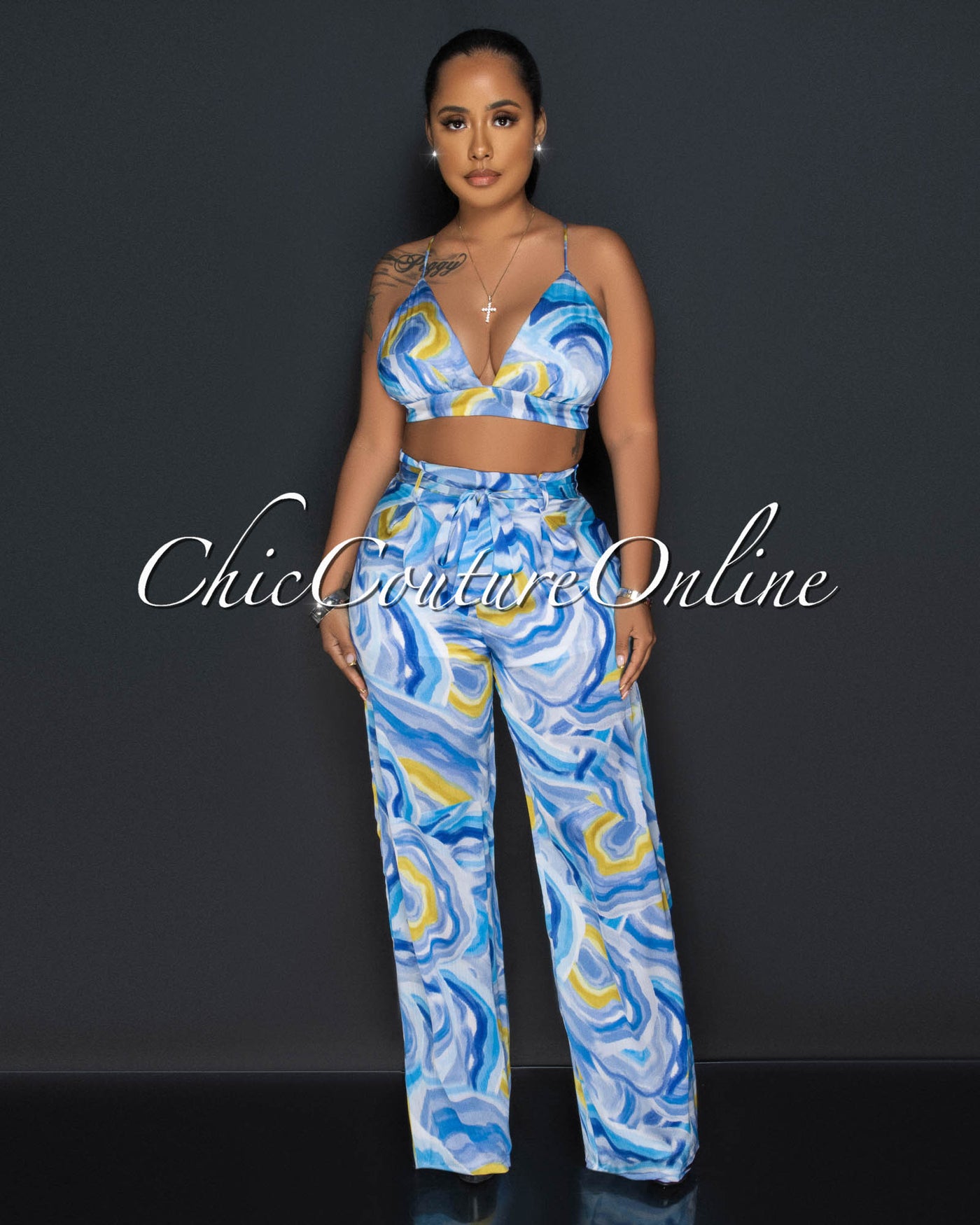 Drya Blue Yellow Print Crop Top & Wide Leg Pants Silky Set