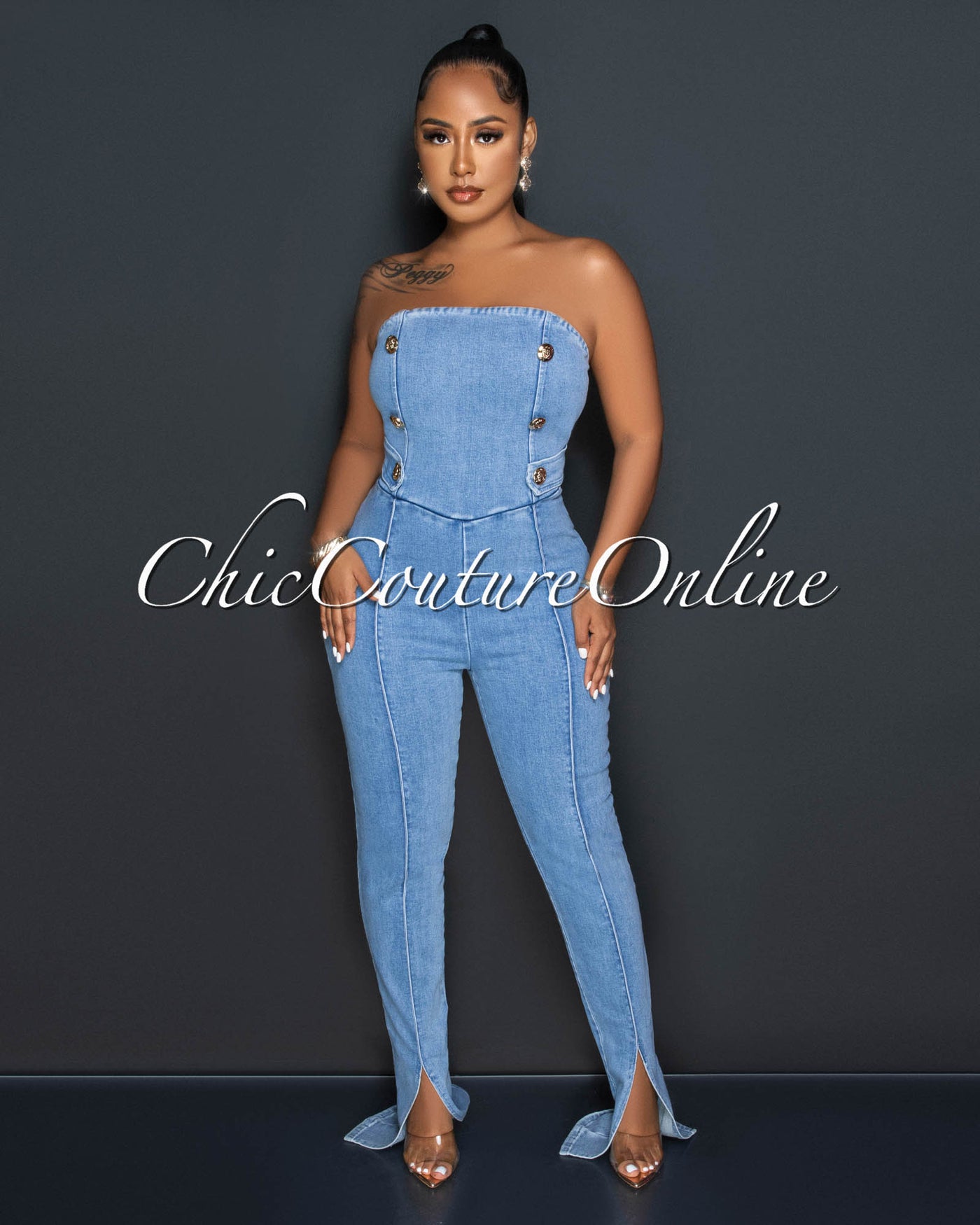 Morgan Light Denim Gold Buttons Strapless Jumpsuit