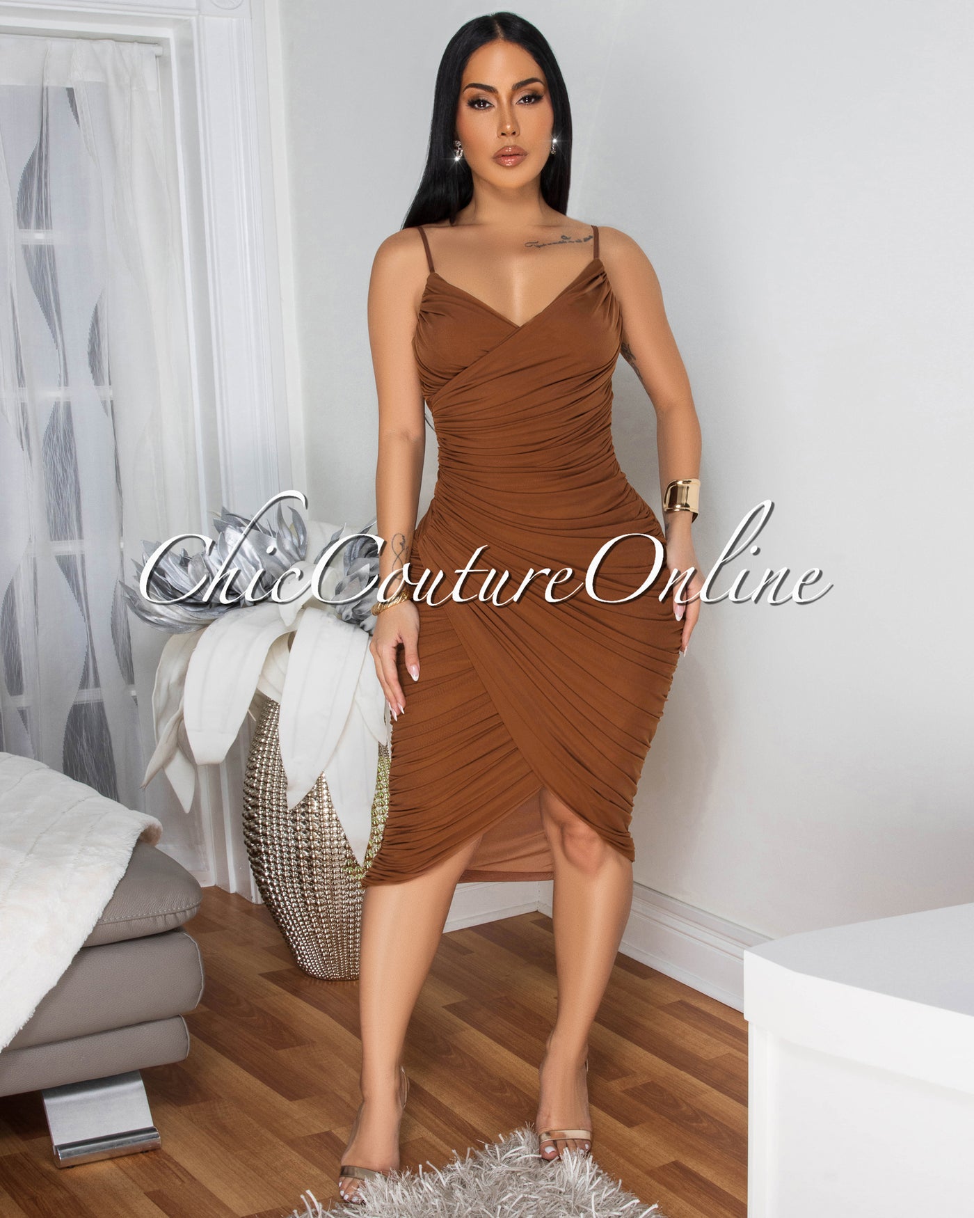 Solis Brown Mesh Ruched Midi Dress