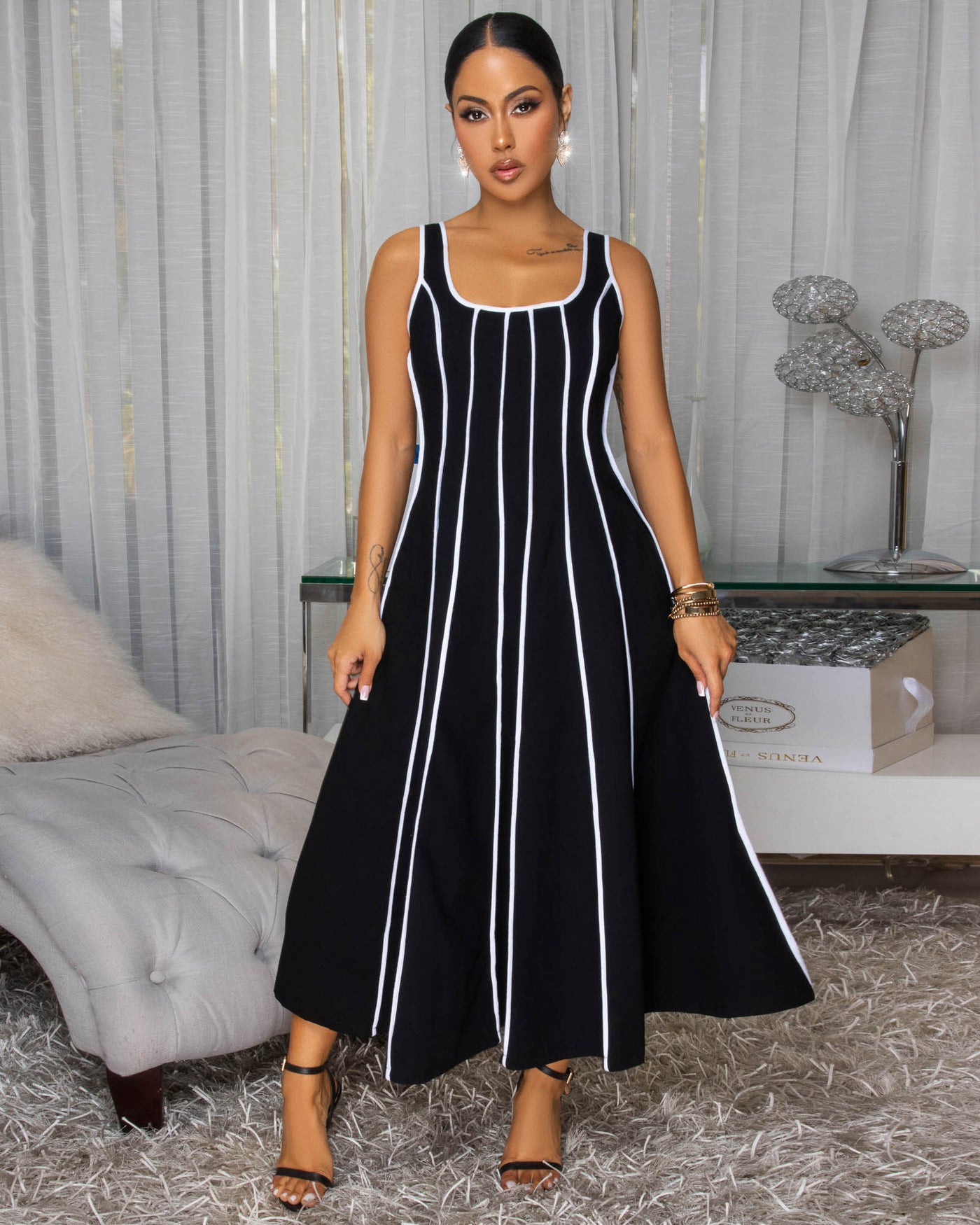 Samantha Black White Stripes Linen Midi Dress