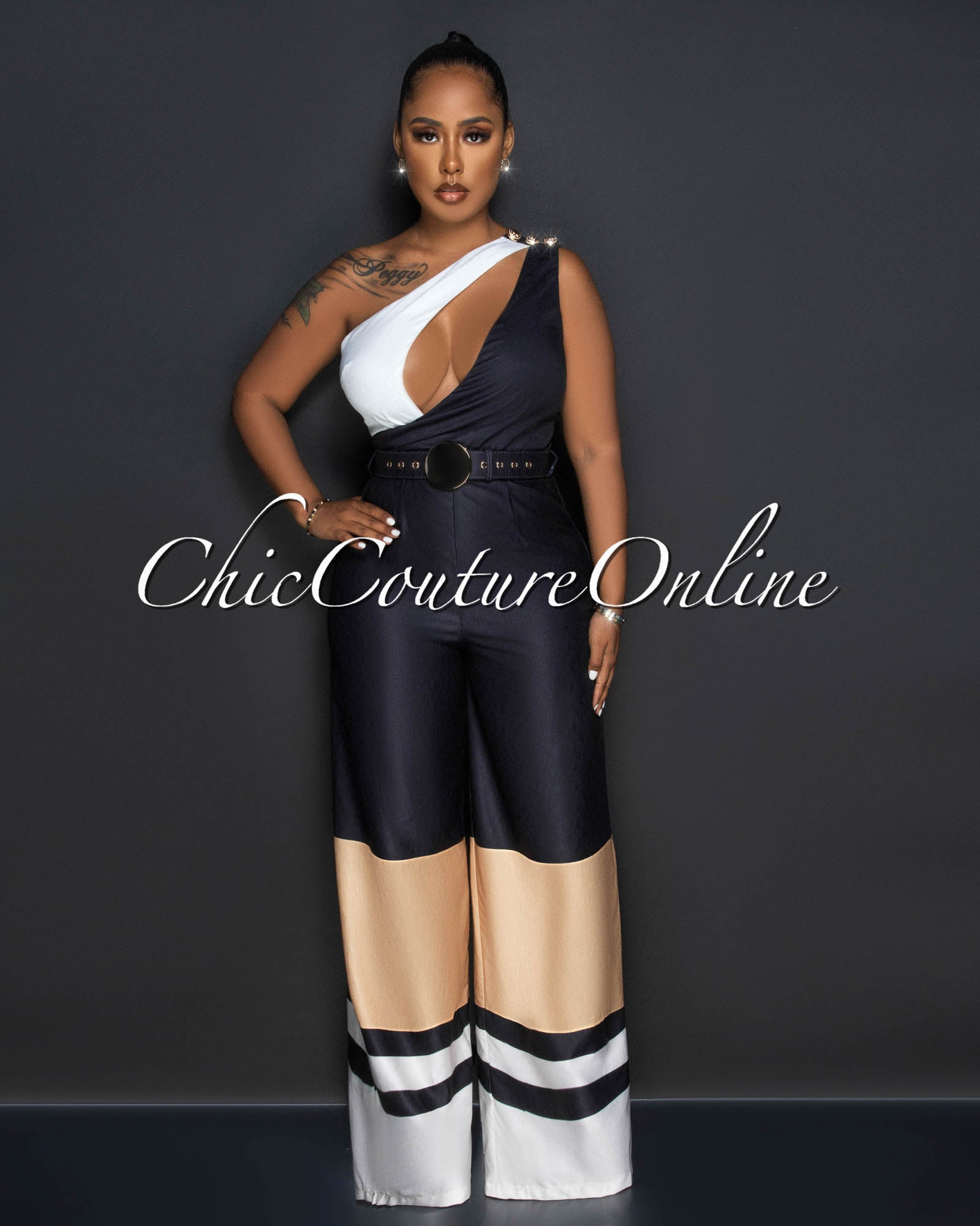 *Thera Black White Nude Single Shoulder Gold Buckle Belt Jumpsuit