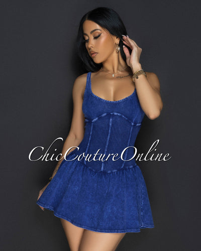 Plara Blue Distressed Ribbed Skort Dress