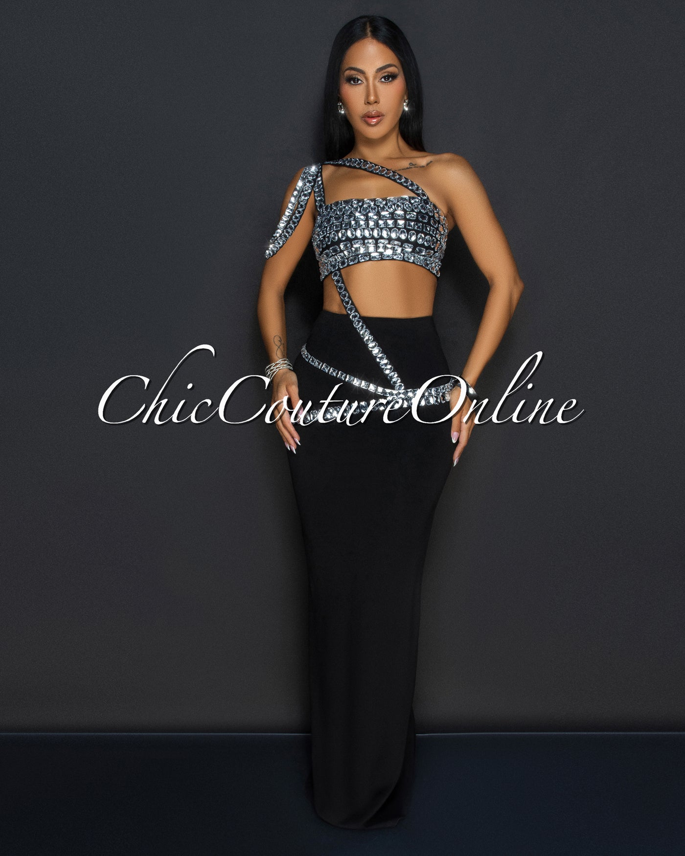 Orzola Black Rhinestones Crop Top & Maxi Skirt Set