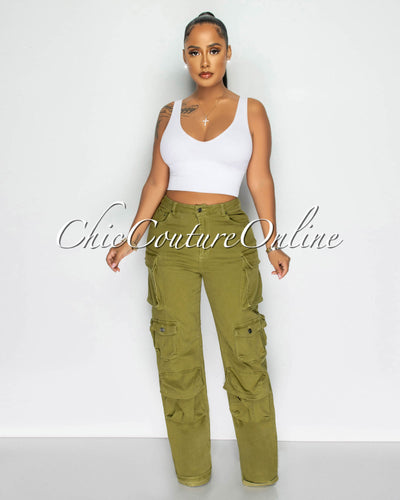 Alania Olive Green Denim Wide Cargo Jeans