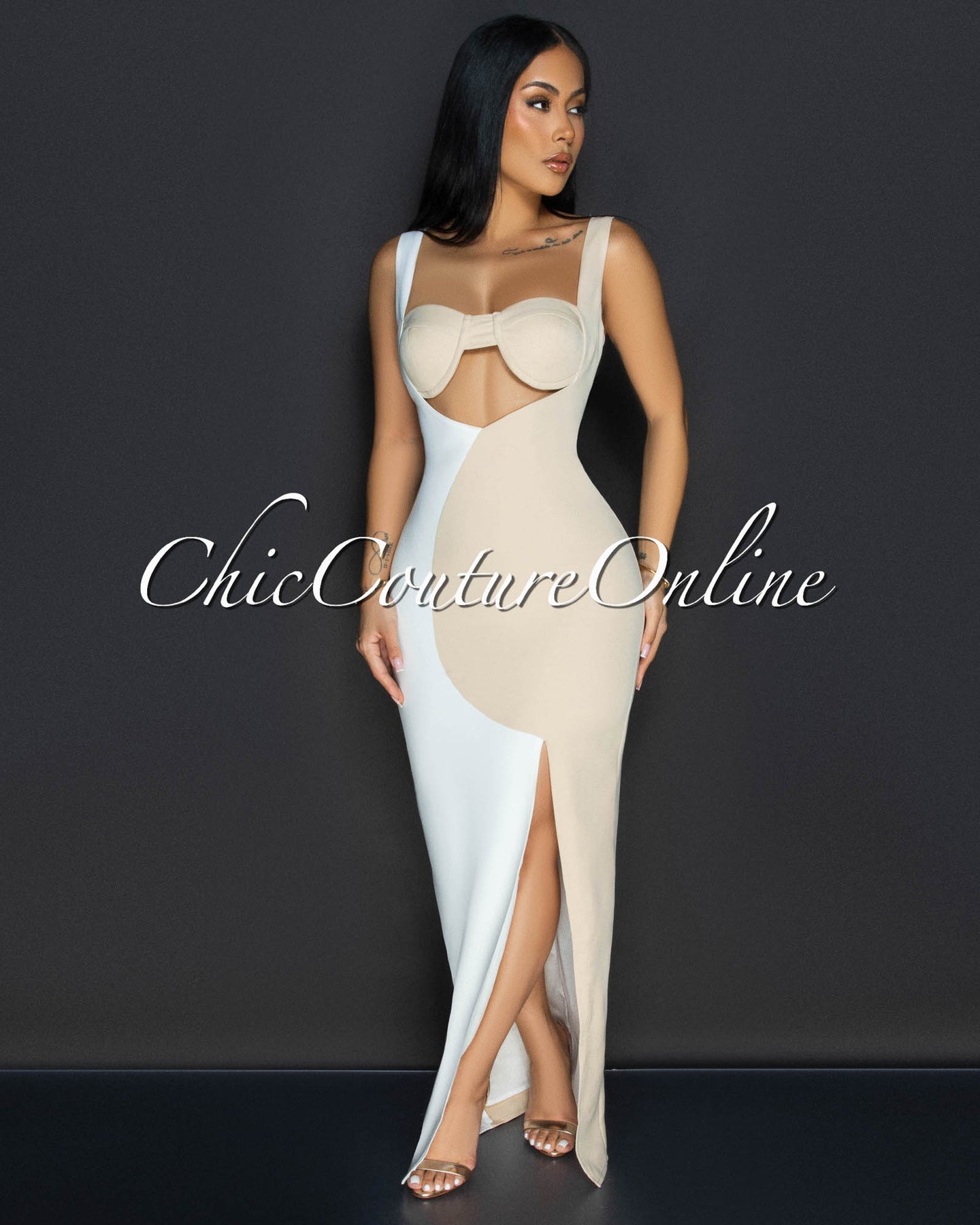 *Rosina Nude White Sleeveless Cut Out Maxi Dress